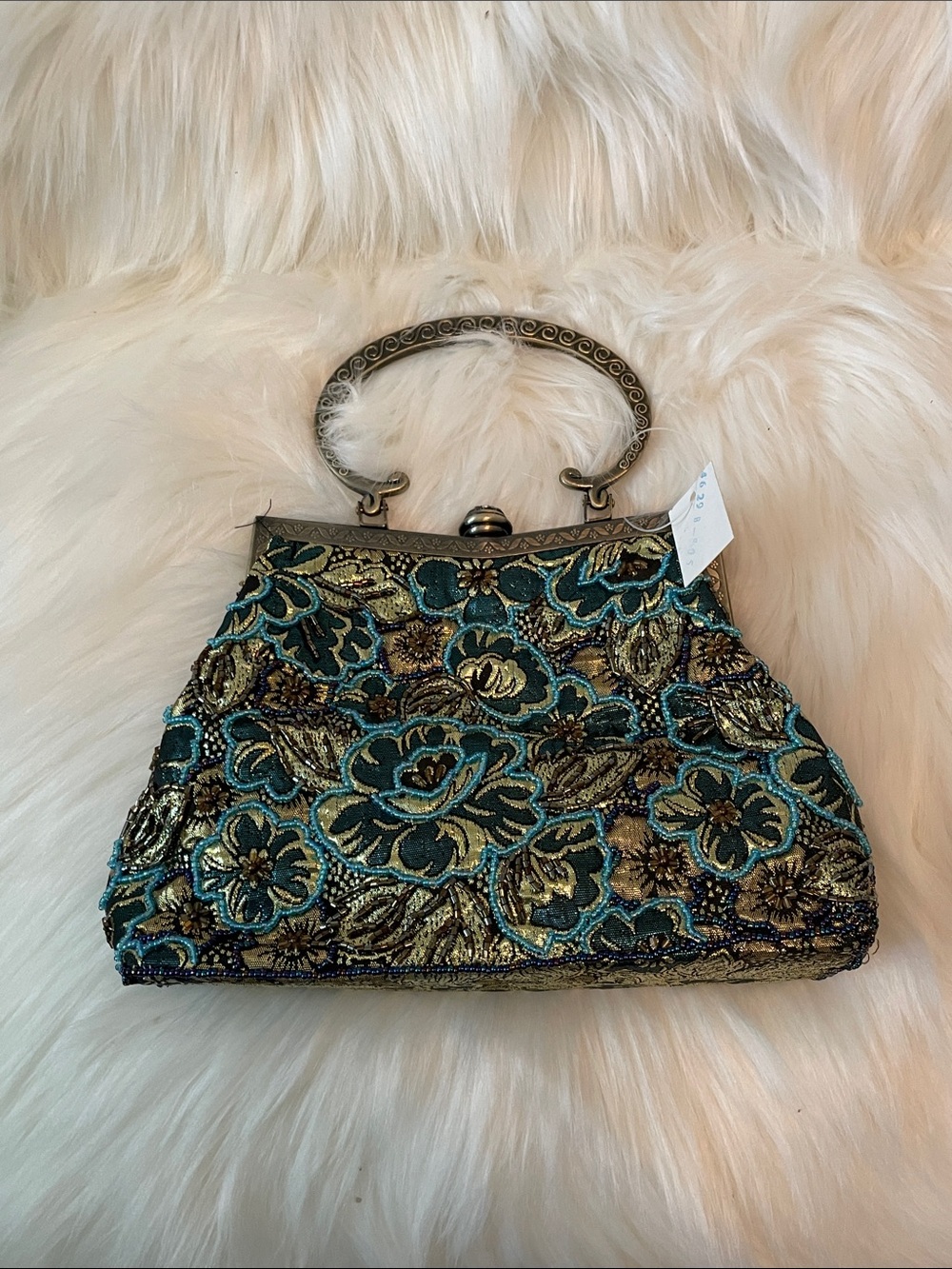 NWT - Gold and Teal Floral Beaded Evening Clutch